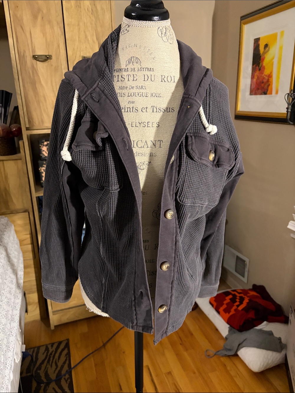 Charcoal Aerie Waffle Knit Hooded Jacket - XS